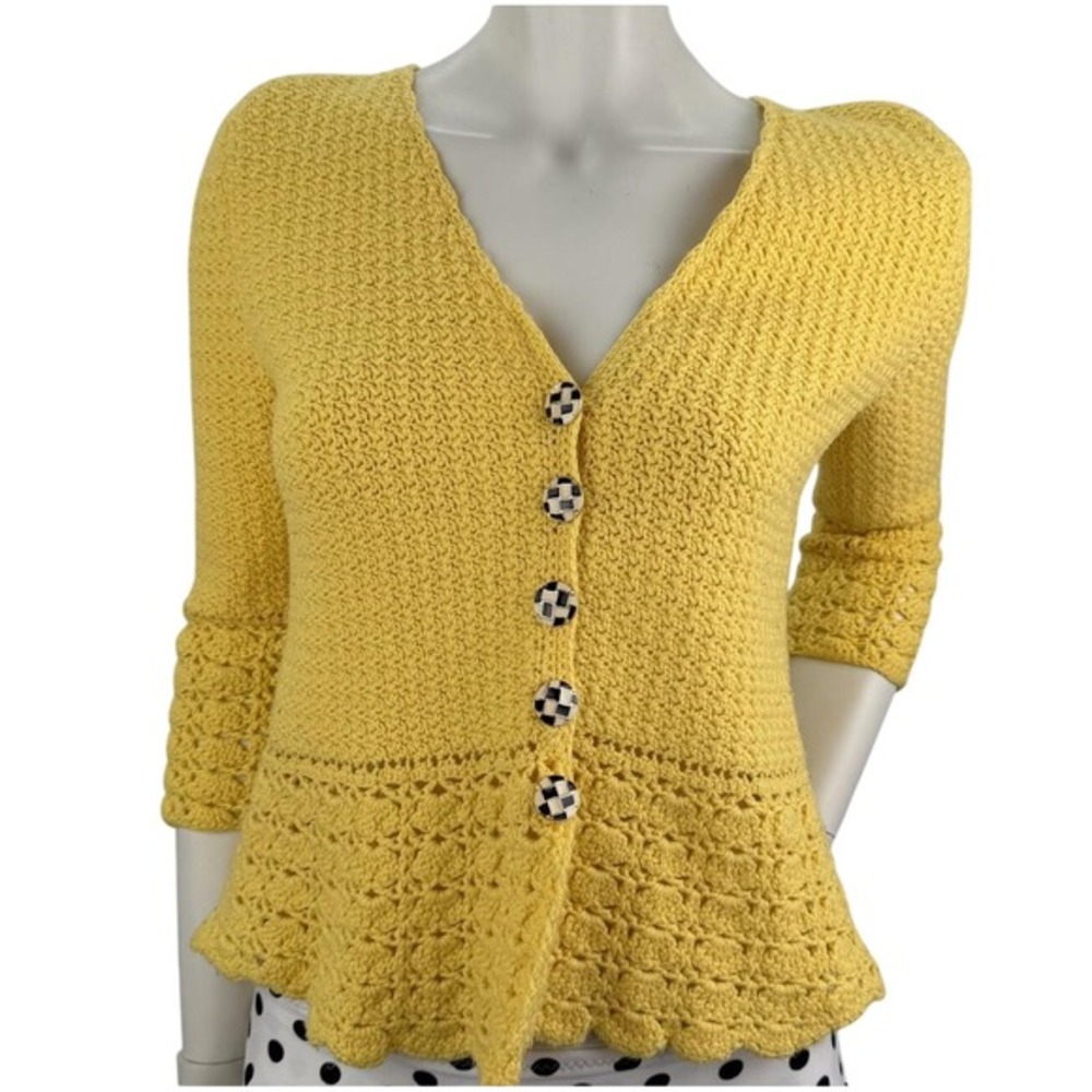 Handmade‎ Crochet Peplum Cardigan Yellow Checkerboard Buttons Small